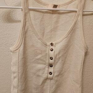 H&M Cream Ribbed Henley Crop Tank with Button Placket